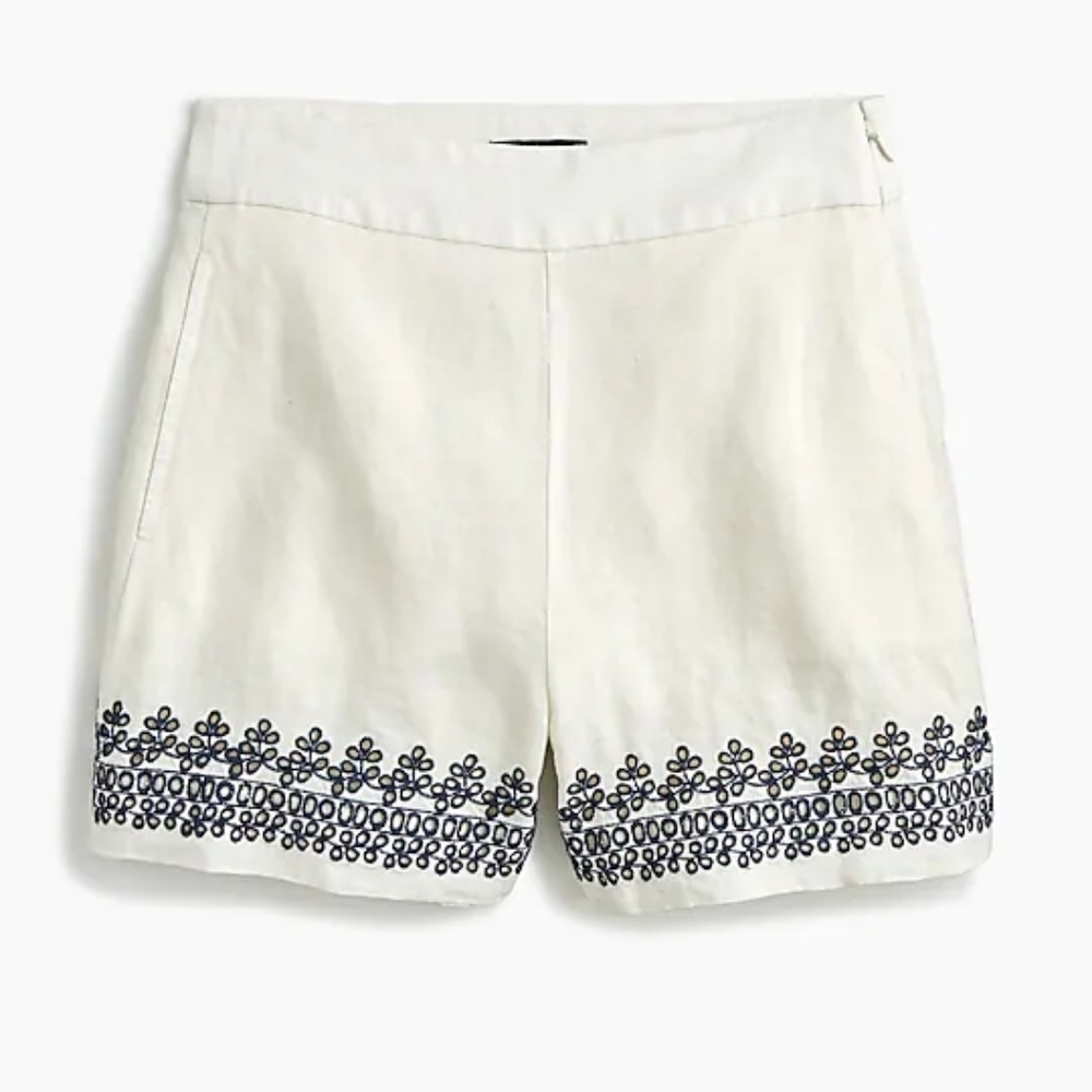 𝅺J.CREW Embroidered-Trim Short in Beauchamps Linen White with Navy Blue Size 4 - Picture 5 of 10